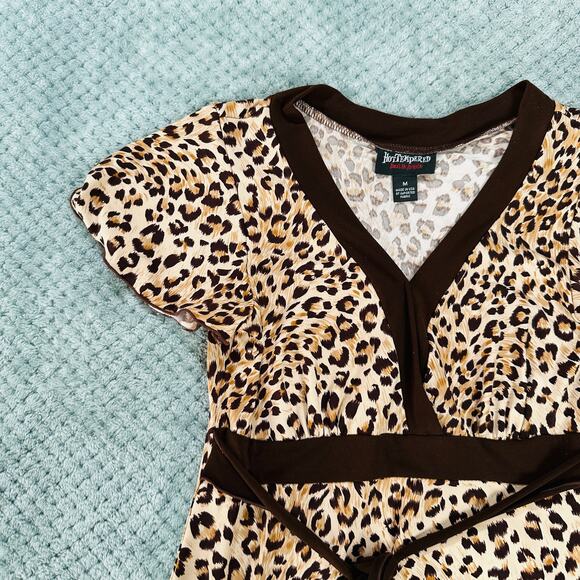 VINTAGE RETRO Y2K LEOPARD DARK BROWN BABYDOLL SHORT SLEEVE BLOUSE M - Picture 3 of 6